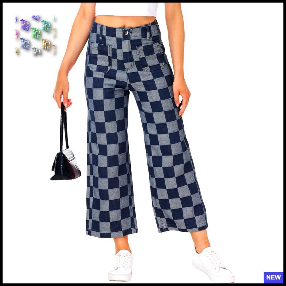 Cropped Checkered Jeans High Waist Straight Leg Stretchy Denim Y2K Chic